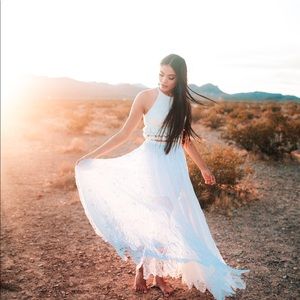 Prom gown, white bohemian dress, two piece